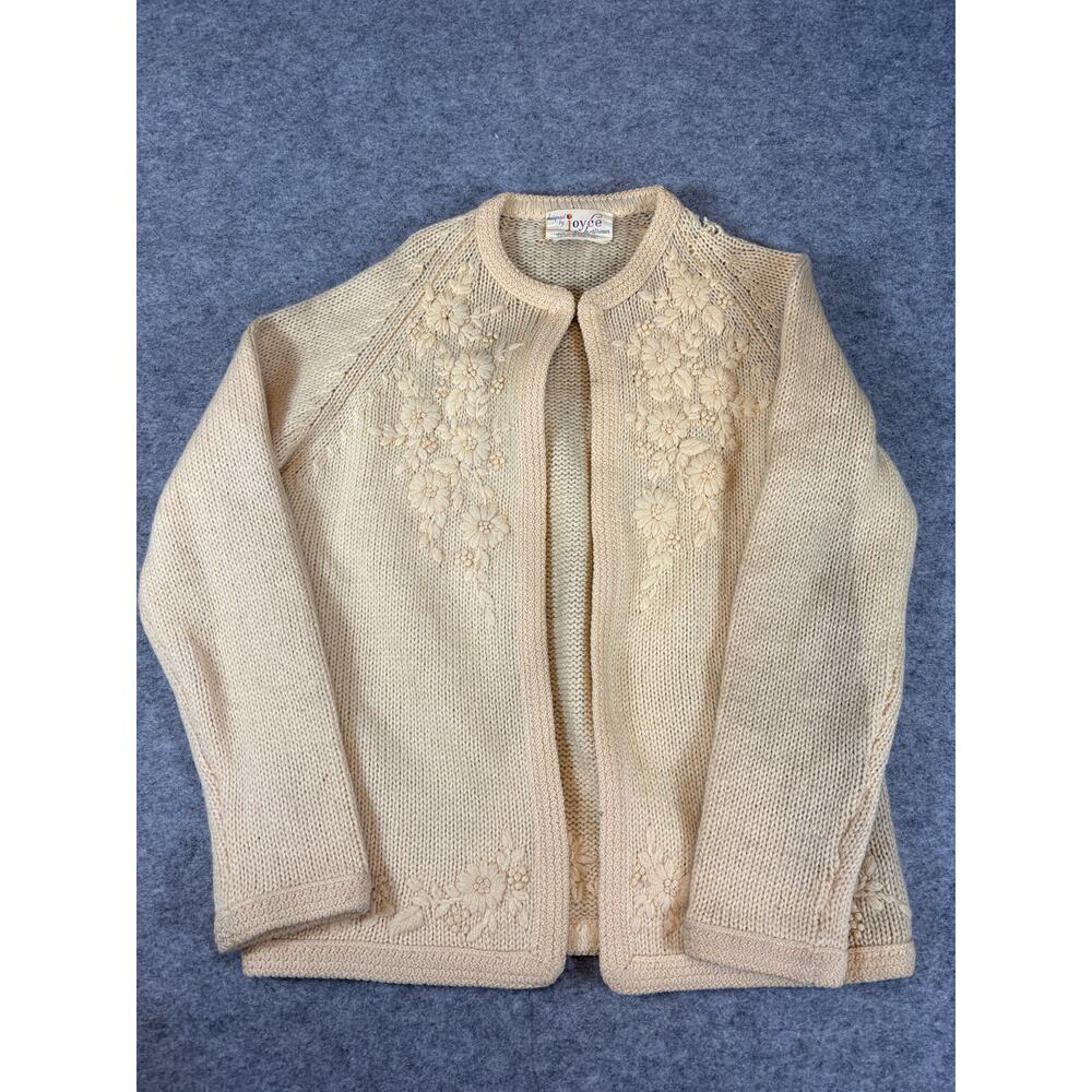 Vintage 80s Joyce Sportswear Knit Cardigan Womens Small Beige Embroidered Floral